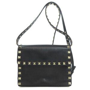 VALENTINO Studded Shoulder Bag Leather Black Gold Tone